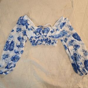 Chicways Blue White Floral Crop Top Puff Sleeve Tie Front Size M